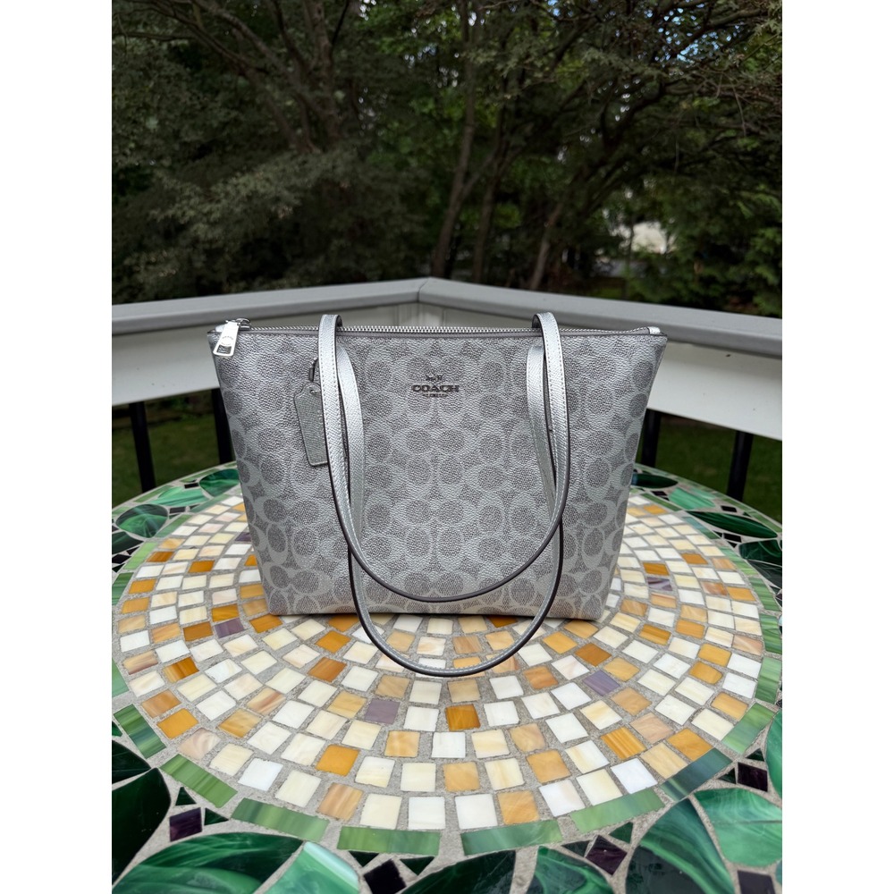 Coach Gallery Tote CJ998 Metallic Silver Signature Canvas Zip Shoulder Bag